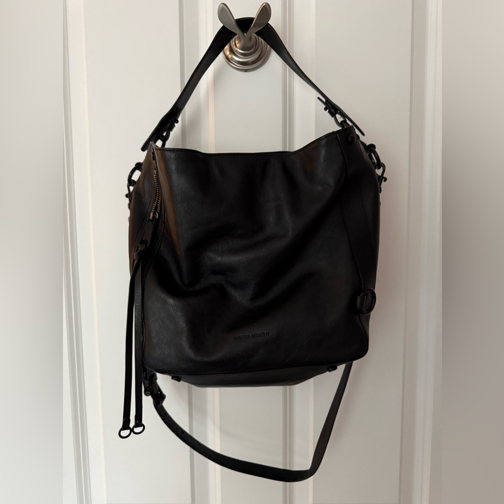 Rebecca Minkoff | Black Leather Tote Bag | Black Metal | Gold Front Zipper